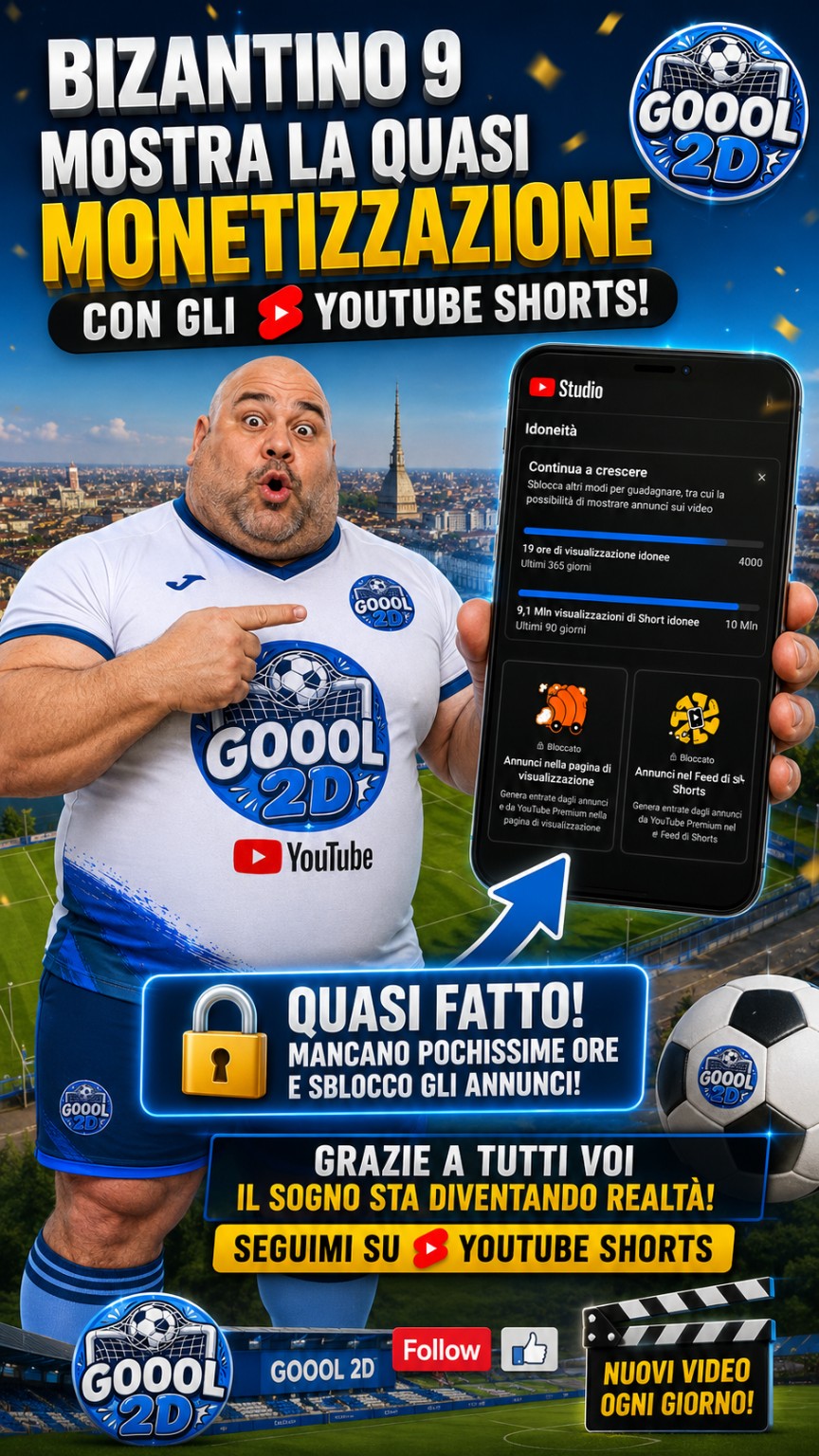 Poster editoriale GOOOL2D sulla corsa verso la monetizzazione YouTube Shorts